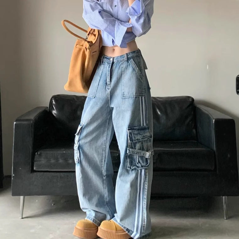 Retro American-style Side-striped Denim Jeans With A Design-forward Aesthetic