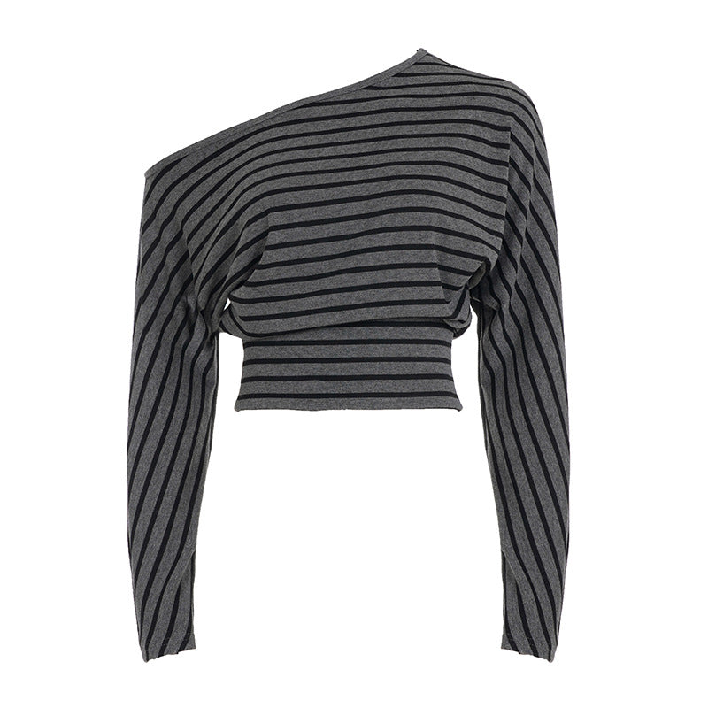 Womens Casual Striped Off-shoulder Long-sleeve Top And Shorts Set