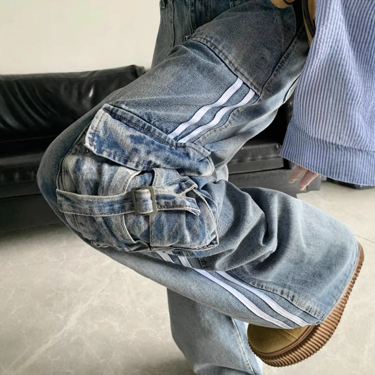 Retro American-style Side-striped Denim Jeans With A Design-forward Aesthetic