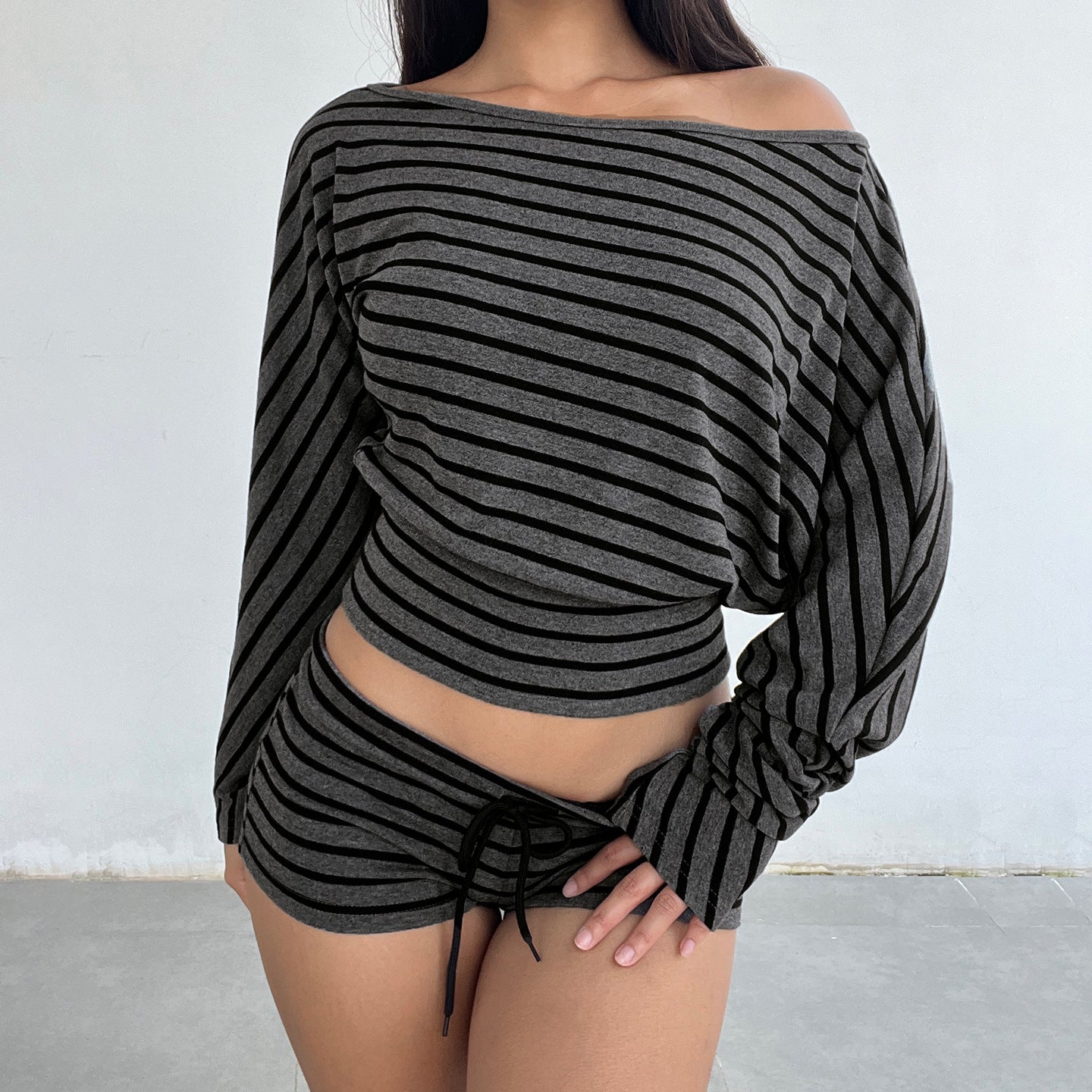 Womens Casual Striped Off-shoulder Long-sleeve Top And Shorts Set