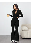 Zippered Ribbed Long-sleeve Flared Pants Yoga Set