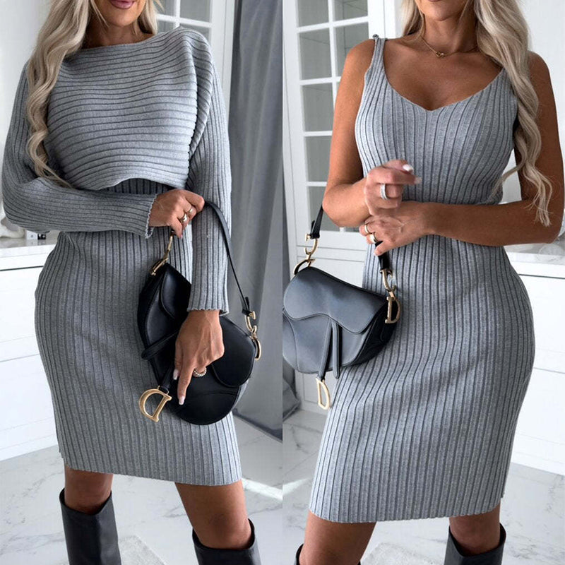 2pcs Suit Women's Solid Stripe Long-sleeved Top And Tight Suspender Skirt Fashion Autumn Winter Slim Clothin